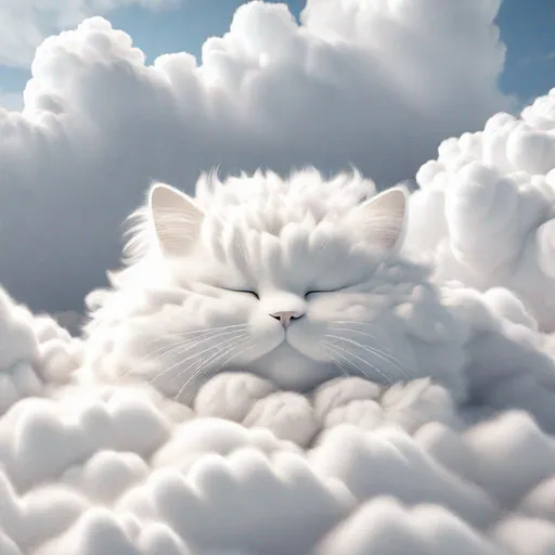 Prompt: "Cloud shapes : Insanely detailed illustration of a soft fluffy cloud in the shape of a fluffy sleeping cat, fluffy white cat made of clouds, closed eyes, a masterpiece, 8k resolution, Unreal Engine 5, volumetric lighting, hyperdetailed, intricately detailed, fantasy concept art, 64 megapixels, sharp focus, ultra high quality"