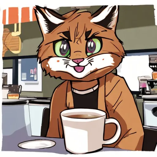 Prompt: anime bobcat holding coffee