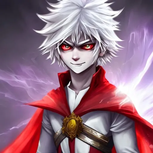 Prompt: A white hair boy wearing white shirt and red cape with purple strips and eye colour is blue with a fanatic look and a smile 