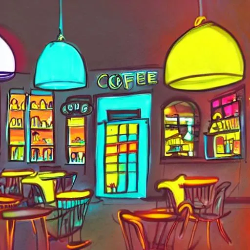 Prompt: a colorfull drawing of a coffee
shop, ring lights, with solid colors