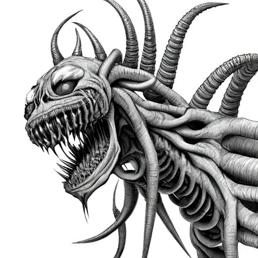 Prompt: Zoom out, whole body, A twisted and deformed creature. It is a living, walking horror with huge mouth. line art, pencil drawing, black & white, nothing cropped.