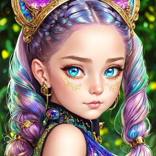 Prompt: A wicked cool cute girl with cat face, metallic colorful curly hair in pigtails, intricate details, beautiful eyes, intricate iridescent cloisonne details clothes, Acrylic art,  by Artgerm, Gediminas Pranckevicius, Jacek Yerka, Greg Rutkowski, Andrew atroshenko, Daniel Merriam, Lisa Buijteweg, trending on Artstation, intricate, highly detailed, crispy quality, dynamic lighting, hyperdetailed and realistic. 
highly detailed, sharp focus, extremely detailed, fantasy, intricate, high detail, dynamic lighting, award winning, fantastic view, high definition, crisp quality, colourful, hdr, acrylic art, quilling, focused