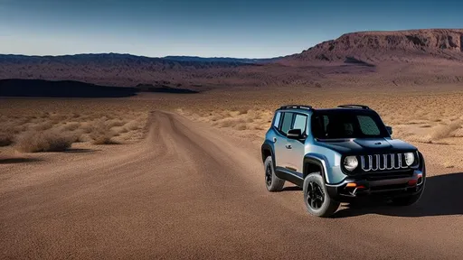 Prompt: 2016 Jeep Renegade Trail Hawk. Very Dark Anvil Grey. In the Mojave Desert.