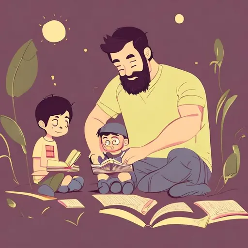 Prompt: ilustration father and kid reading a book