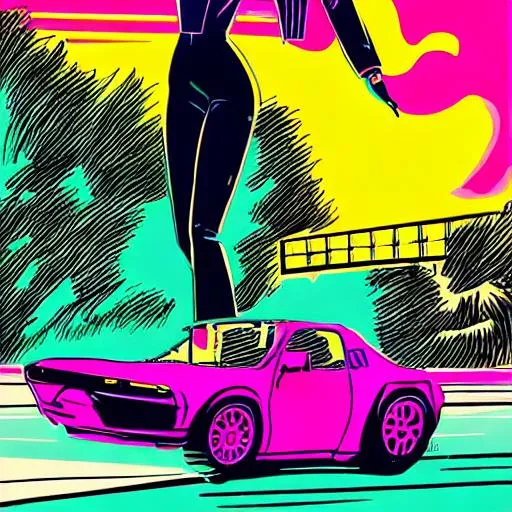 Prompt: Quirky girl in 80´s  Synthwave fashion, is riding a retro Lotus Car on sunset beach highway. use David Mazzucchelli  art style. 