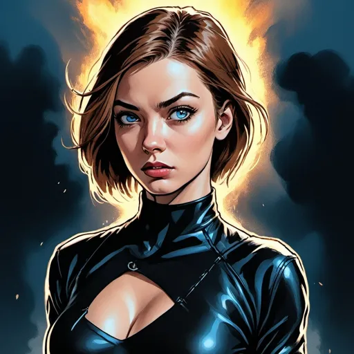 Prompt: (woman with light-brown hair), (blue eyes), dramatic (complicated thick black leather strap outfit), intense (hellish background), bold and striking (comic book style), dynamic composition, vibrant colors, high contrast details, (comic book panel), action-packed atmosphere, engaging visual narrative, thrilling and fierce expression, (HD) ultra-detailed scene, evocative storytelling through imagery.