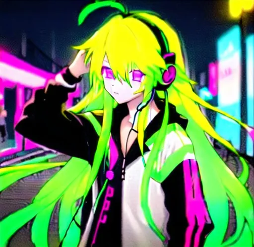 Prompt: boy long hair neon hair colours headphones music 