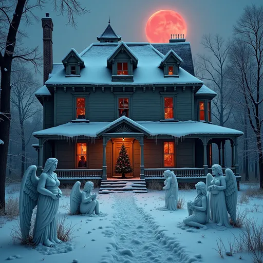 Prompt: Abandoned Winter Manor Christmas Scene
A decaying Victorian manor covered in snow, with a dimly lit Christmas tree visible through cracked windows. The front yard is filled with gothic snow sculptures of angels and demons. The scene is illuminated by a blood-red moon.