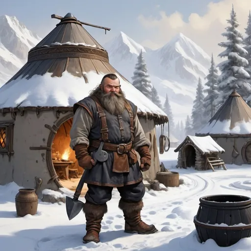 Prompt: male dwarf blacksmith fantasy in snowy landscape with yurts