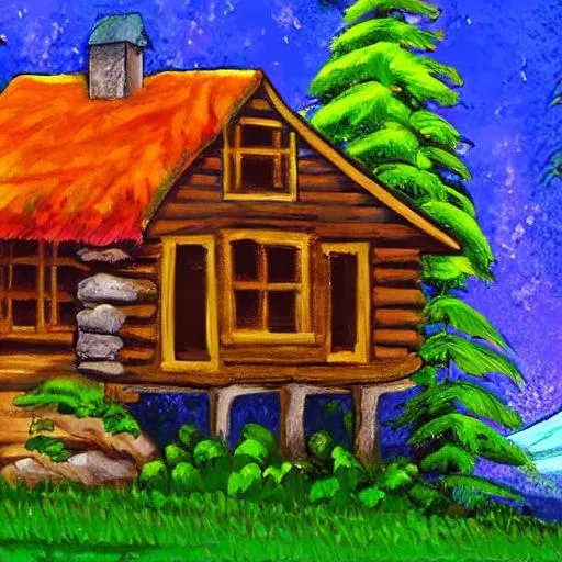 Prompt: Bob Ross style painting with a cabin