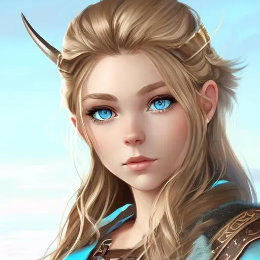 Prompt: digital art, Young woman viking, medium-length brown hair with streaks of blonde, light blue eyes, 20 years old