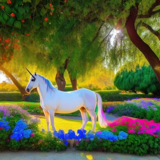 Prompt: 1970s. A unicorn lying in a bed of flowers. A small garden of orange roses and blue morning glory flowers Lush, Trees. Greek columns, overgrown vines, autumn vibes, clean, peaceful, blue sky. 