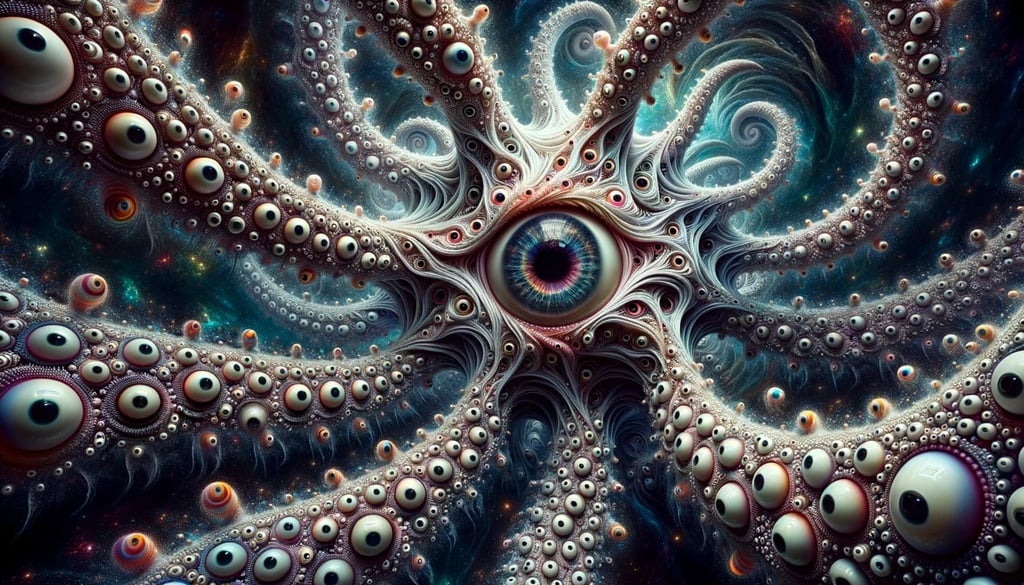 Prompt: an image of a creature in space with many eyes, in the style of surrealistic distortions, pulsating rhythm, fractal patterns, wandering eye, swirling vortexes in 16:9 ratio