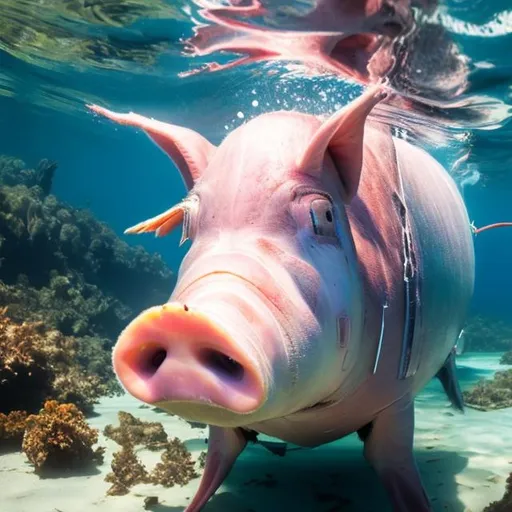 Prompt: A tuna fish wearing a snorkel eating a pig