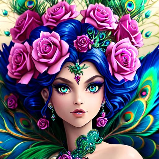 peacock fairy goddess, magenta roses, facial closeup | OpenArt