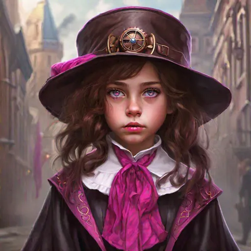Prompt: young witch girl, steampunk school uniform and cloak, brown mahogany hair, bright fuchsia eyes, pouty lips, sharp teeth, youthful, photo realistic, beautifully detailed, hyper realism