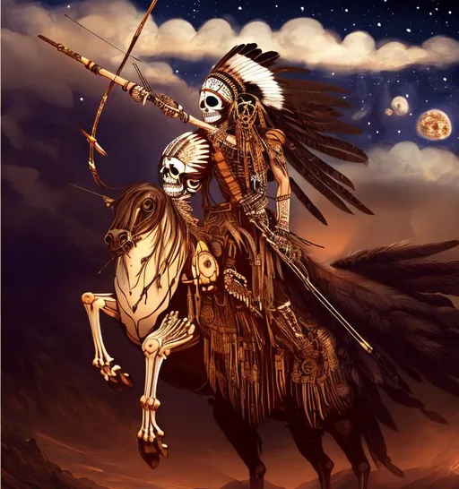 Prompt: illustration of ((human skeleton wearing an Apache Indian chief headdress of eagle feathers)), riding a black horse, full length body, ((drawing bow and arrow)), aiming at sky, galaxy starry night sky background, high contrast lighting, high-resolution, 4k render