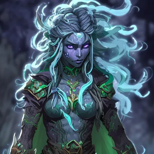 Prompt: Water genasi female with purple long hair, blue-green skin, glowing green eyes, druid, robe, quarterstaff, tattoos

