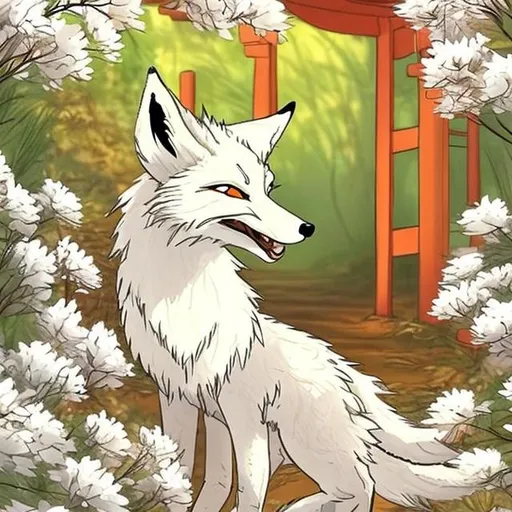 Prompt: Imagine a white nine tailed fox in a forest meadow full of white flowers. Behind the fox stands a bright red torii gate. The fox has a happy expresion on its face, eyes bright and shiny