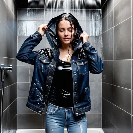 Prompt: photo of young woman, soaking wet clothes, black sneakers, dark blue jeans, tight black t-shirt and denim jacket,  , standing in the shower,   enjoying, water dripping from clothes, clothes stuck to body,  detailed textures of the wet fabric, wet face, wet plastered hair,  wet, drenched, professional, high-quality details, full body view.