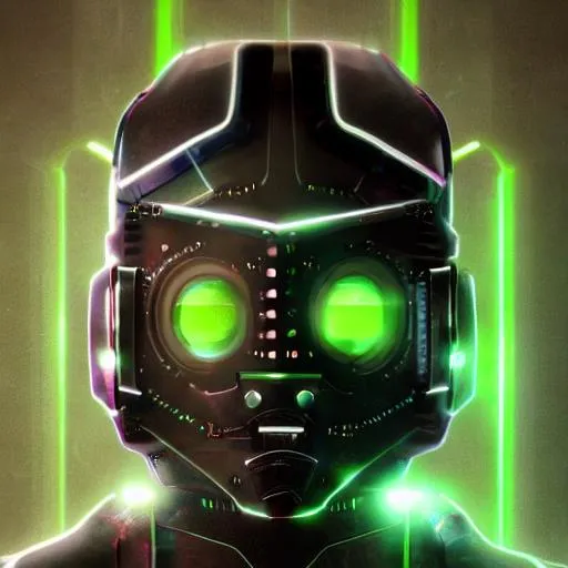 Prompt: cyber punk robot head, photo realistic, symmetrical, dark smokey back ground, HD, 8K, angular face, dark grey and lime green, video game style, centered, matte painting