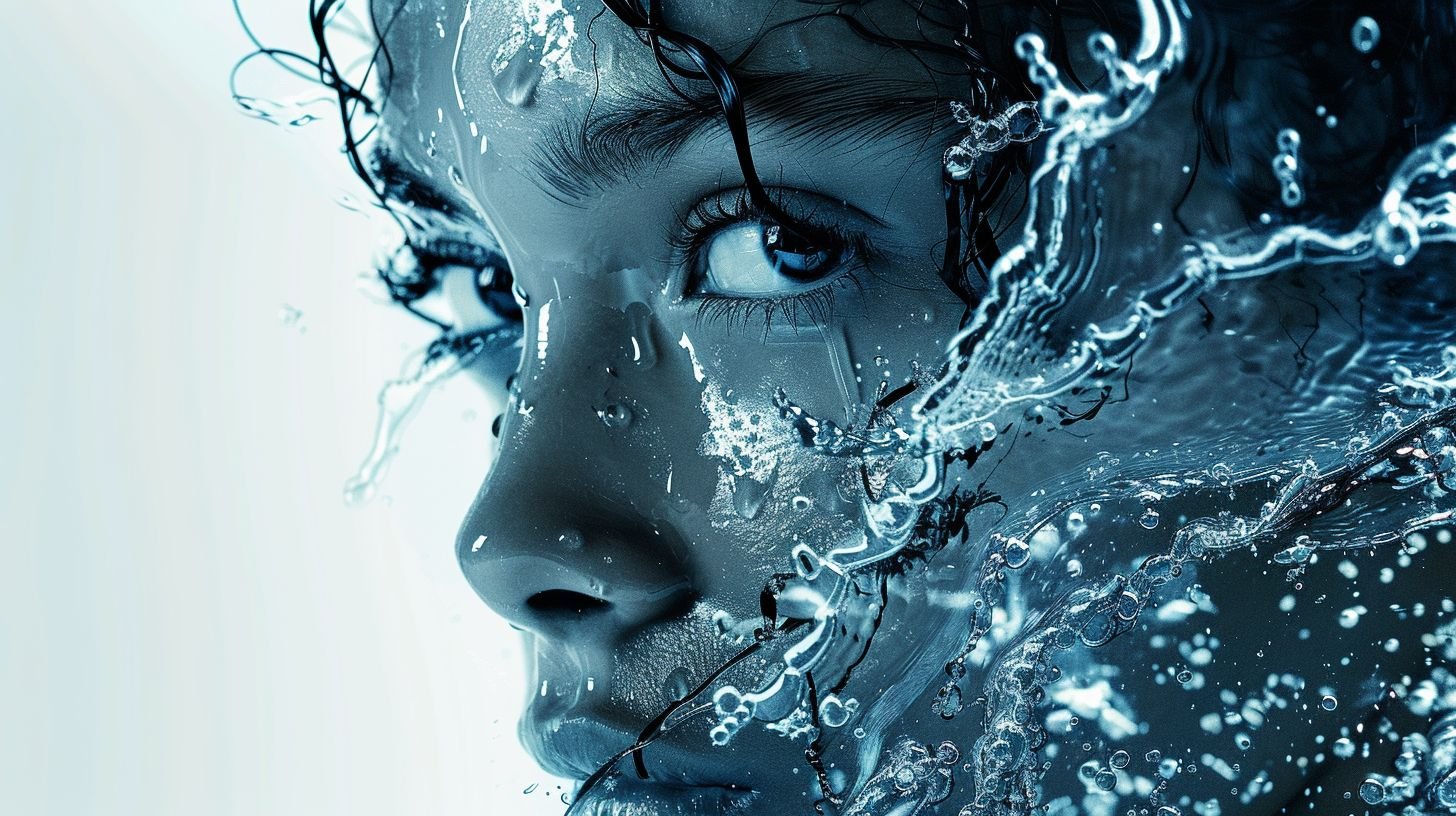 Prompt: minimalistic liquid water girl face frozen still, portrait, circuitry