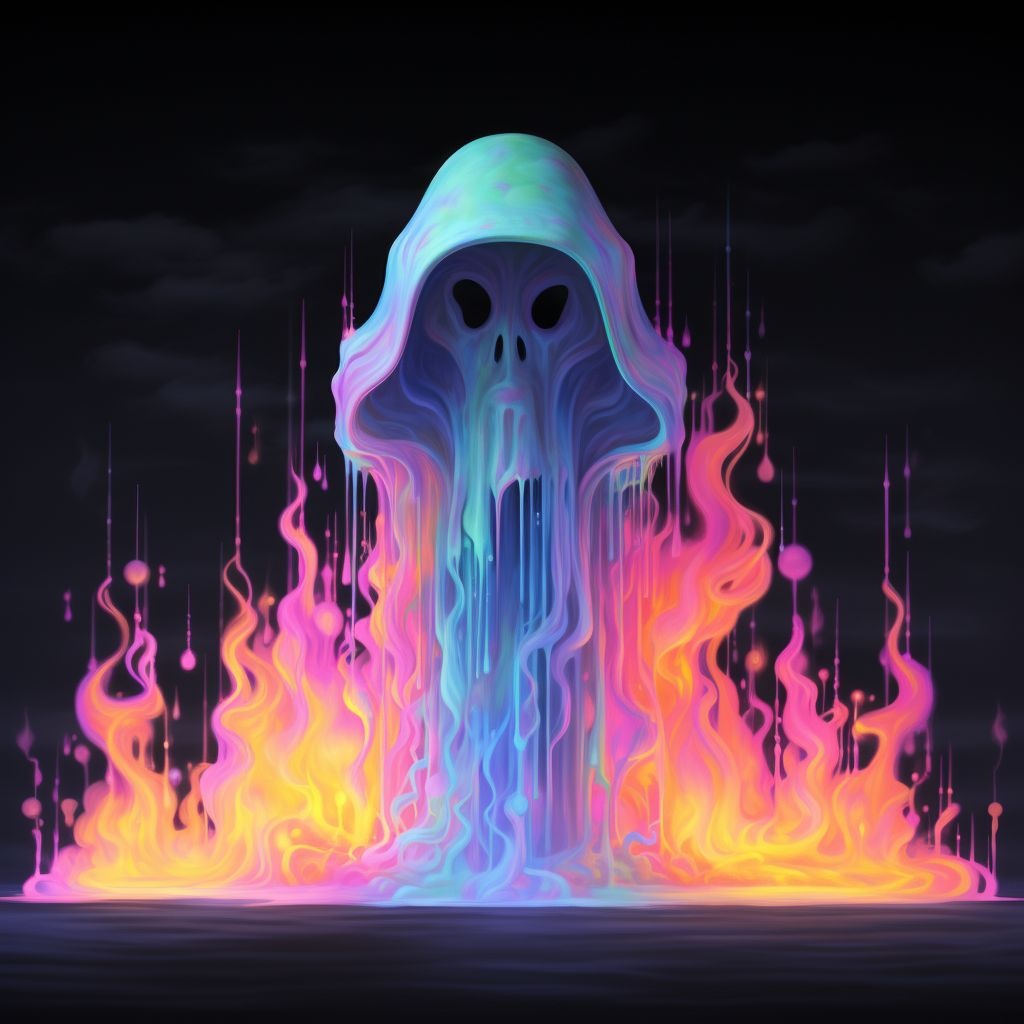 Prompt: image of a ghost, in front of colorful flames, in the style of dripping paint, luminous 3d objects, detailed character design, matte background, haunting structures, dark white and light magenta, light cyan and light ambe