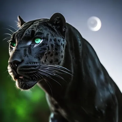 Prompt: black jaguar in the night with very bright green eyes with black background and moon in the distance