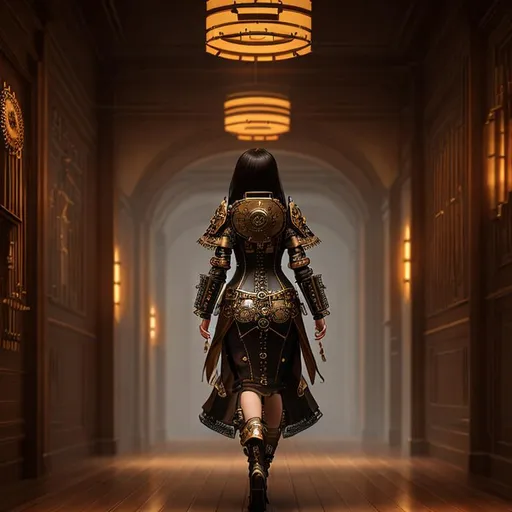 Prompt: steampunk female asian walking down hall away made of gears and bronze, long black hair, leather dress corset,  Canvas, Cinematic, DSLR, Top-View, Blur Effect, Exposure, Warm Color Palette, 3D, AR, Rim Lighting