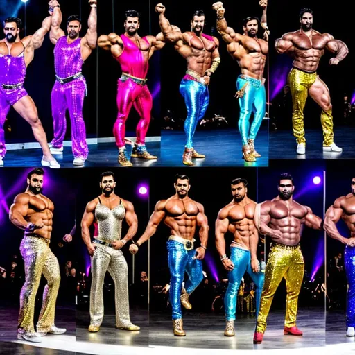 Prompt: A 30 foot tall bodybuilder, a six-foot fitness model , a disco dancer, a sequined strongman, all in a row 