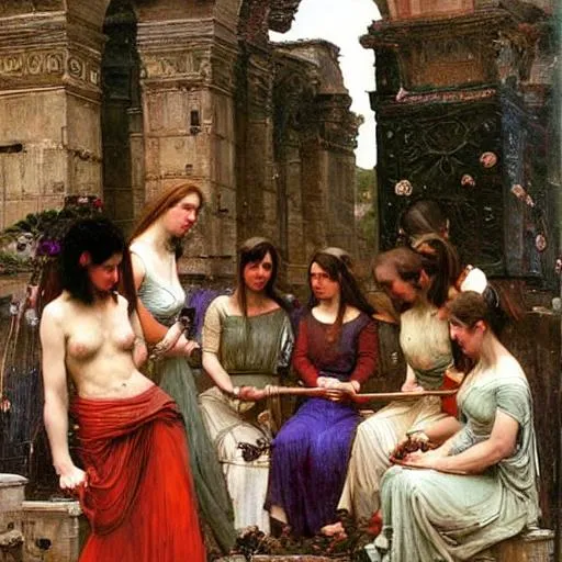 Prompt: ancient sapphic cult group of women painting john william waterhouse