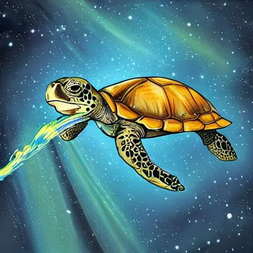 Prompt: turtle in space drinking water