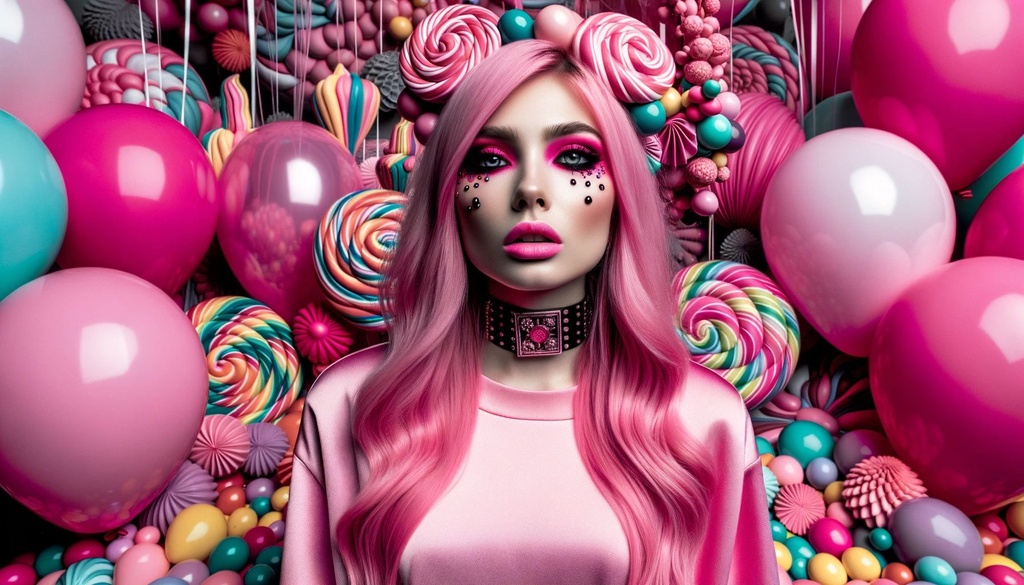 Prompt: A CMYK portrait of a woman with pink hair standing among balloons, her appearance and surroundings reminiscent of elaborate candy sculptures, with makeup that is bubble goth-inspired.