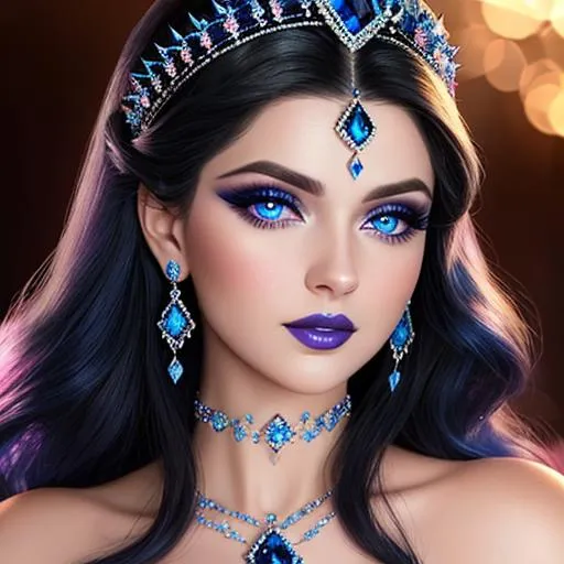 Prompt: a Sapphire lady, feminine elegant princess ,  dark hair, large blue eyes, wearing jewls in her hair,  beautiful makeup, blue eyeshadow, dark pink lipstick, facial closeup