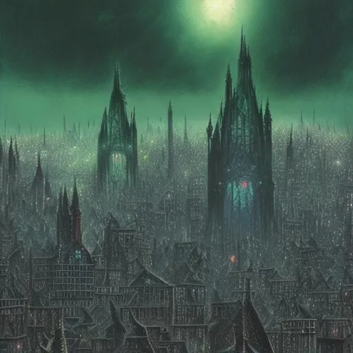 Prompt: Gothic city rooftops, night, dark-green fog,  dark-green colours, beksinski style 