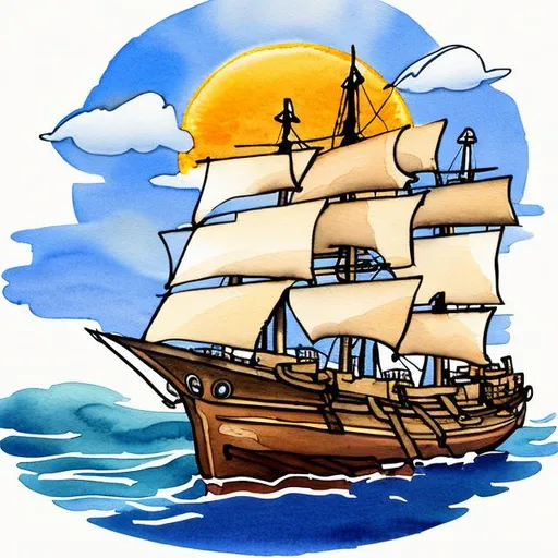 Prompt: watercolour ship and sun clipart