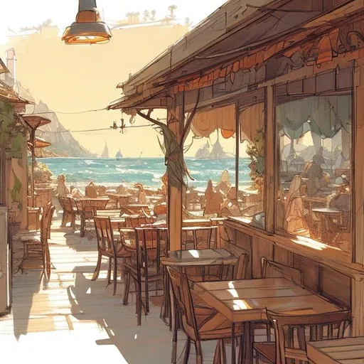 Prompt: concept art design of a cozy terraza near the sea artstation sketch by demizu posuka close up warm colors