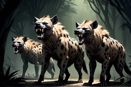 Prompt: Full-body, Fantasy Illustration of three hyenas, sharp fangs, RPG-fantasy, intense, detailed, dark and eerie lighting, sinister vibe, fantasy, detailed character design, atmospheric, jungle background