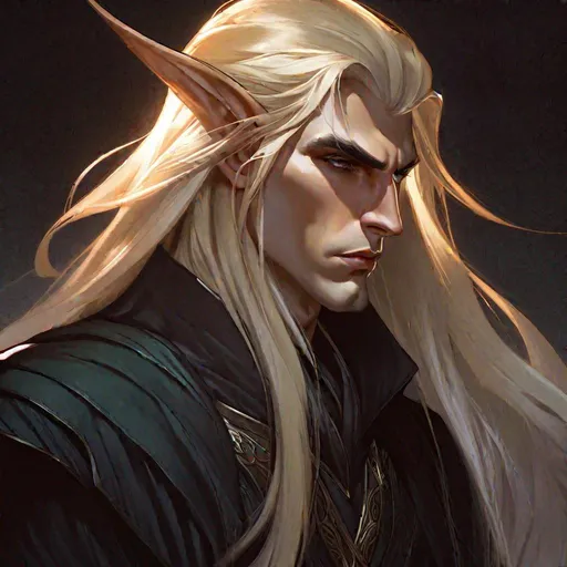 Prompt:  portrait of male elf long straight loose blonde hair, loose hair, beautiful male face, slim, long pointy ears, sharp art, dark colors, correct anatomy, angry, clothing is royal, dark palette, grim, simple background art by artgerm and greg rutkowski and alphonse mucha