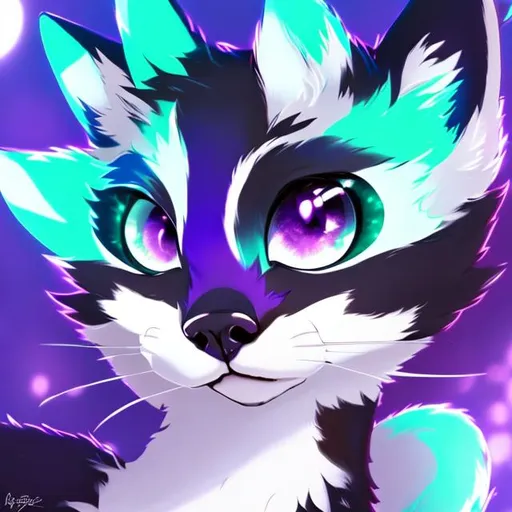 Prompt: highres, fursona, canine, cute, blep, white and purple fur, purple eyes, blue pupil