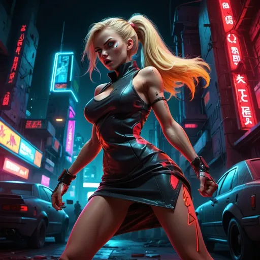 Prompt: (blonde sport princess), (urbanistic wastelands), cyberpunk city, vibrant cartoon style, dark background, night, striking neon colors, backdoor, dynamic urbanistic background, energetic cyberpunk atmosphere, epic pose, stand, fullbody, coctail dress, scared, defence, action, battle, fight, fighting, red lightning, red light, high quality, ultra-detailed