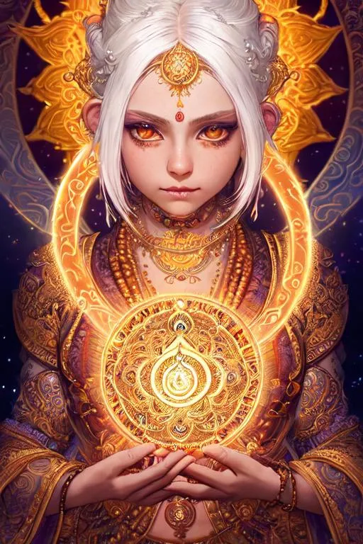 Prompt: hyperdetailed intricate enigmatic, a lot of glowing hindu symbols floating in the air,

hyperdetailed intricate enigmatic, a lot of glowing mantra symbols floating in the air,

masterpiece intricate hyperdetailed beautiful young girl, white hair, detailed face, hopeful,

scenic view space with very wide angle,

colorful glamorous sunshine,

WLOP, Greg Rutkowski, 128K resolution,