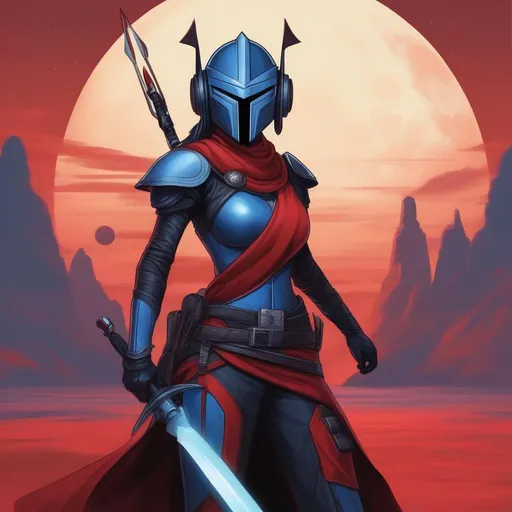 Prompt: Mandalorian female warrior. Blue and Red Armor. Mandalorian helmet. T-shaped visor. She holds a spear. In Background the planet Mandalore. Rpg art. Star wars art. 2d art. 2d. 