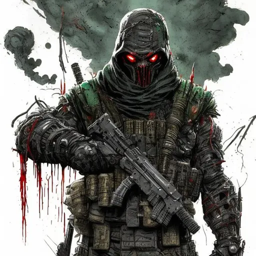 Prompt: Redesigned Gritty black and dark green futuristic military commando-trained villain Todd McFarlane's Spawn. Bloody. Hurt. Damaged mask. Accurate. realistic. evil eyes. Slow exposure. Detailed. Dirty. Dark and gritty. Post-apocalyptic Neo Tokyo with fire and smoke .Futuristic. Shadows. Sinister. Armed. Fanatic. Intense. 