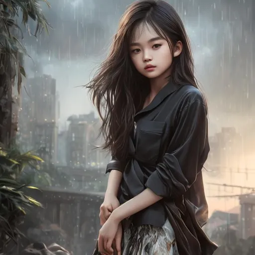 Prompt: photo realistic Landscape of asian girl wear open cloth, black shirt, Cute girl, beautiful, elegant, brown hair, skirt, brown eyes, Realistic, 8k, hyper realism, outdoor, detailed hair, detailed face, full body, masterpiece, Sharp focus, hdr, happy, epic realistic, faded, ((neutral colors)), art, (hdr:1.5), (muted colors:1.2), hyperdetailed, (artstation:1.5), (natural skin texture, hyperrealism, soft light, sharp:1.2), (intricate details:1.12), hdr, (intricate details, hyperdetailed:1.15)