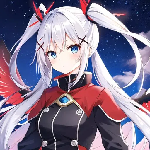 Prompt: Better quality, female character, silver hair, long twintail hair with x Hairclip, blue eyes, red and black coat, angel wings on back, night sky, clouds, flying,