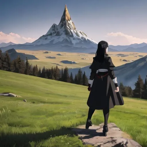 Prompt: Full body, Black hair, black eyes, 19 y.o (Girl) wear an adventurer dress medieval, back ground a wide field with a mountain view