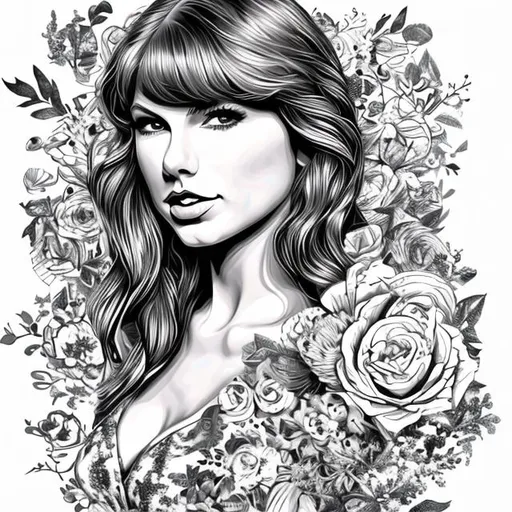 Prompt: hand drawn illustration of Taylor swift with beautiful floral background