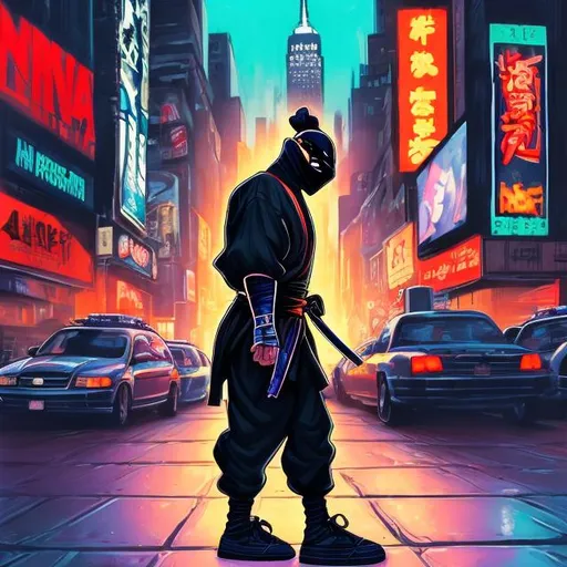 Prompt: A ninja in new york at night with a air force one shoes