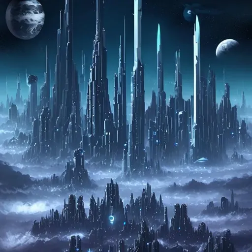 Futuristic Tall black towers on deep dark ocean dark... | OpenArt